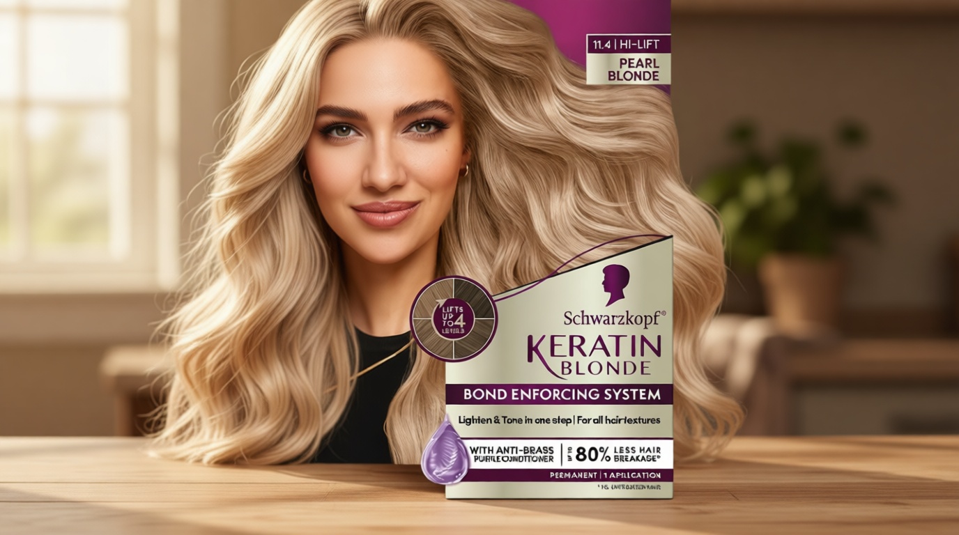 Schwarzkopf Keratin Blonde Hair Dye, 11.4 High Lift Pearl Blonde, Professional Quality Permanent Hair Color, Bond Enforcing System, Pre-Color Serum & Purple Conditioner Included