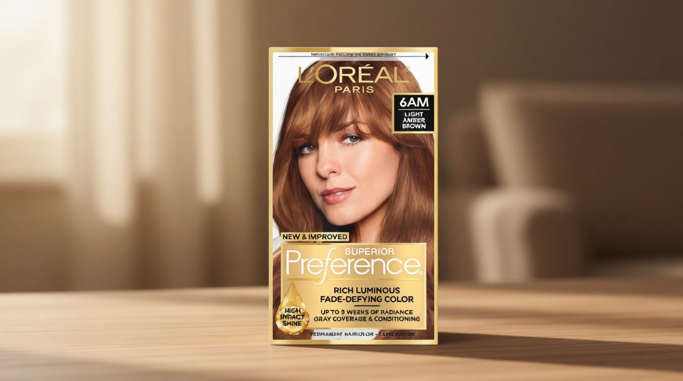 L'Oreal Paris Superior Preference Luminous Fade-Defying Permanent Hair Color, Hair Dye For Up to 9 Weeks of Radiance, Light Amber Brown 6AM, 1 Hair Dye Kit
