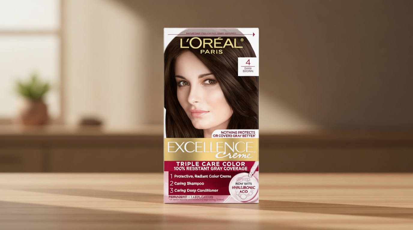 L'Oreal Paris Excellence Crème Permanent Hair Dye, Triple Care Hair Color with Hyaluronic Acid for 100% Gray Coverage, 4 Dark Brown, 1 Kit (Packaging May Vary)
