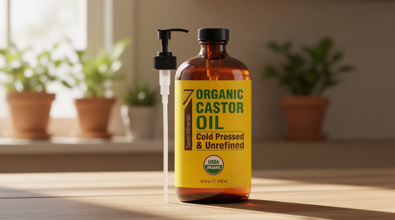 Seven Minerals New 16 fl oz Glass Bottle Castor Oil Organic Cold Pressed Unrefined Glass Bottle Pack - 100% Pure USDA Certified Organic Hexane Free USDA Organic