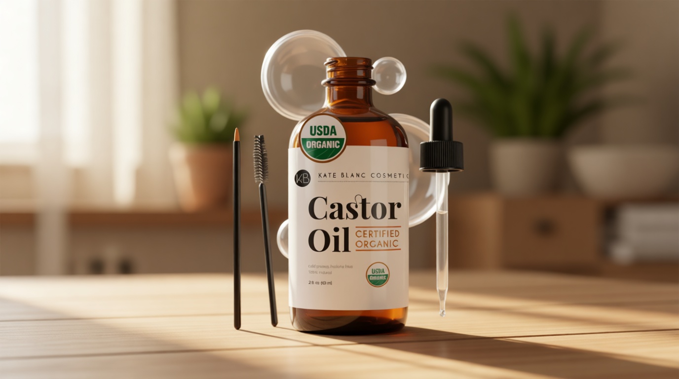 Kate Blanc Cosmetics Castor Oil Organic for Hair, Lashes, Face, Skin (2oz), 100% Pure, Cold Pressed, Hexane Free Hair Oil. Lash Serum for Thicker-Looking Eyelashes & Eyebrows USDA Organic