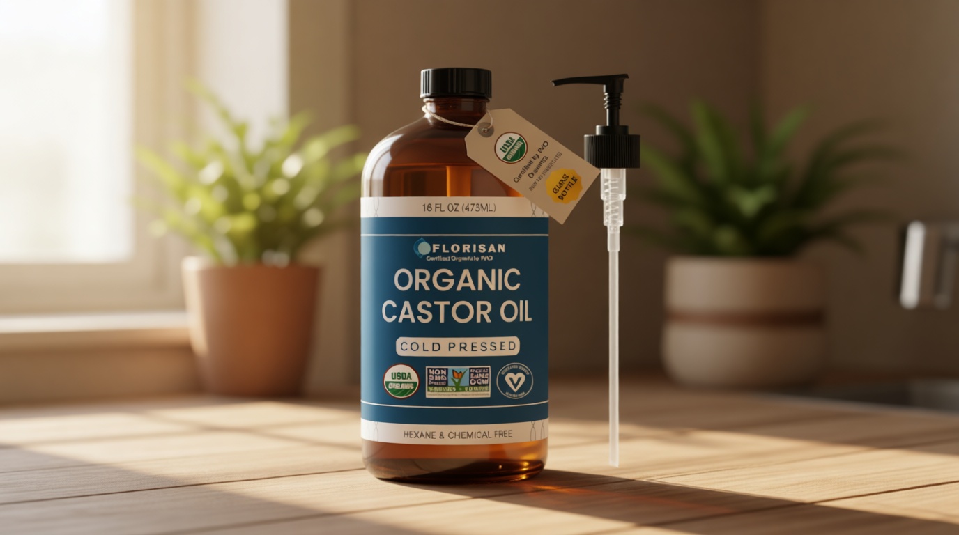 Florisan Organic Castor Oil 16oz Glass Bottle, Cold Pressed, Hexane-Free, Non-GMO, 100% Pure Castor Oil for Hair Growth, Skin, Lashes, Eyebrows, EWG Verified & USDA Organic Certified USDA Organic EWG Verified