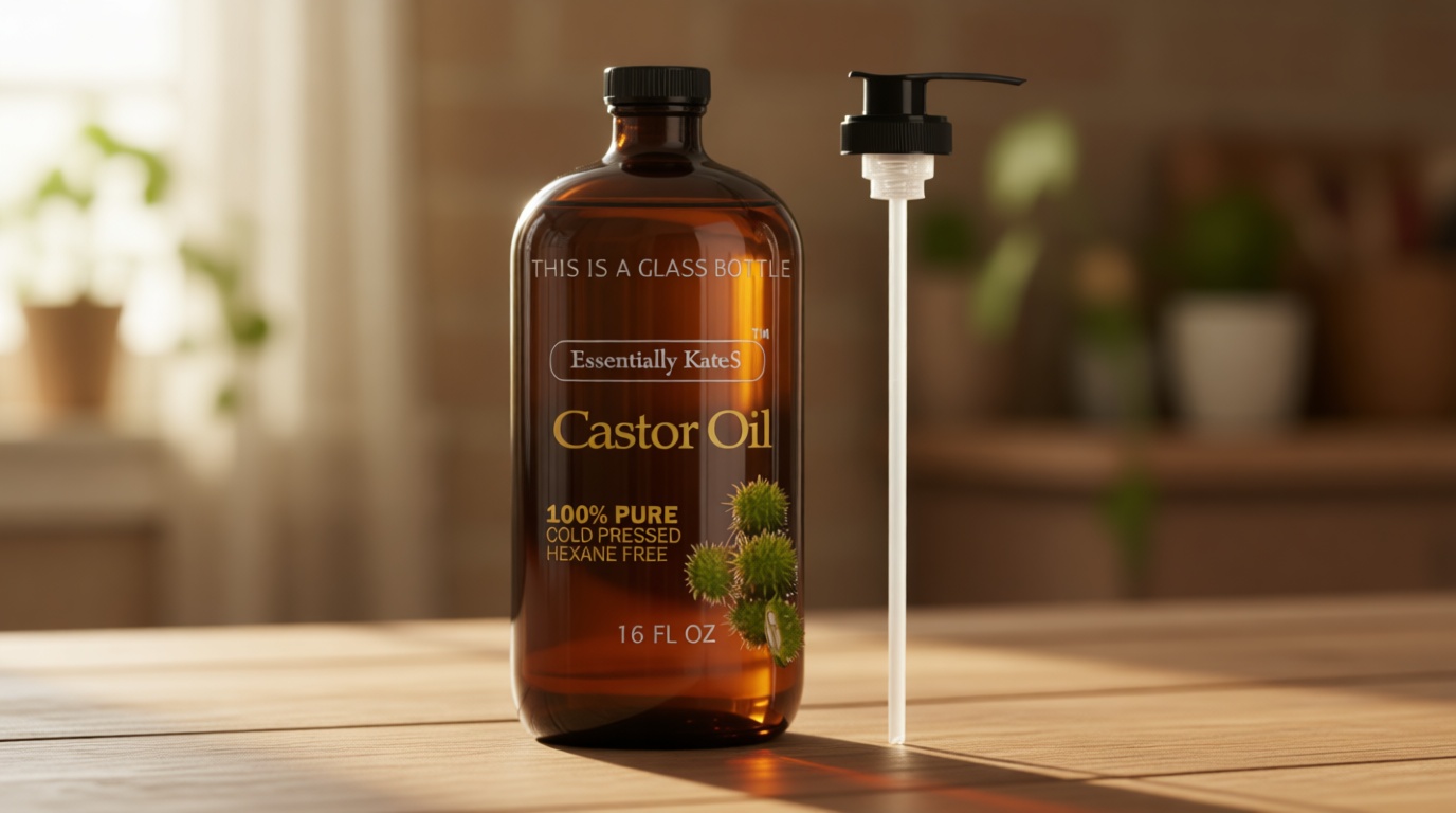 Essentially KateS Castor Oil 16 Fl Oz (Glass Bottle) - Original - A Huge Glass Bottle with a Pump - 100% Pure and Natural, Cold Pressed, and Hexane-Free - Hair and Body