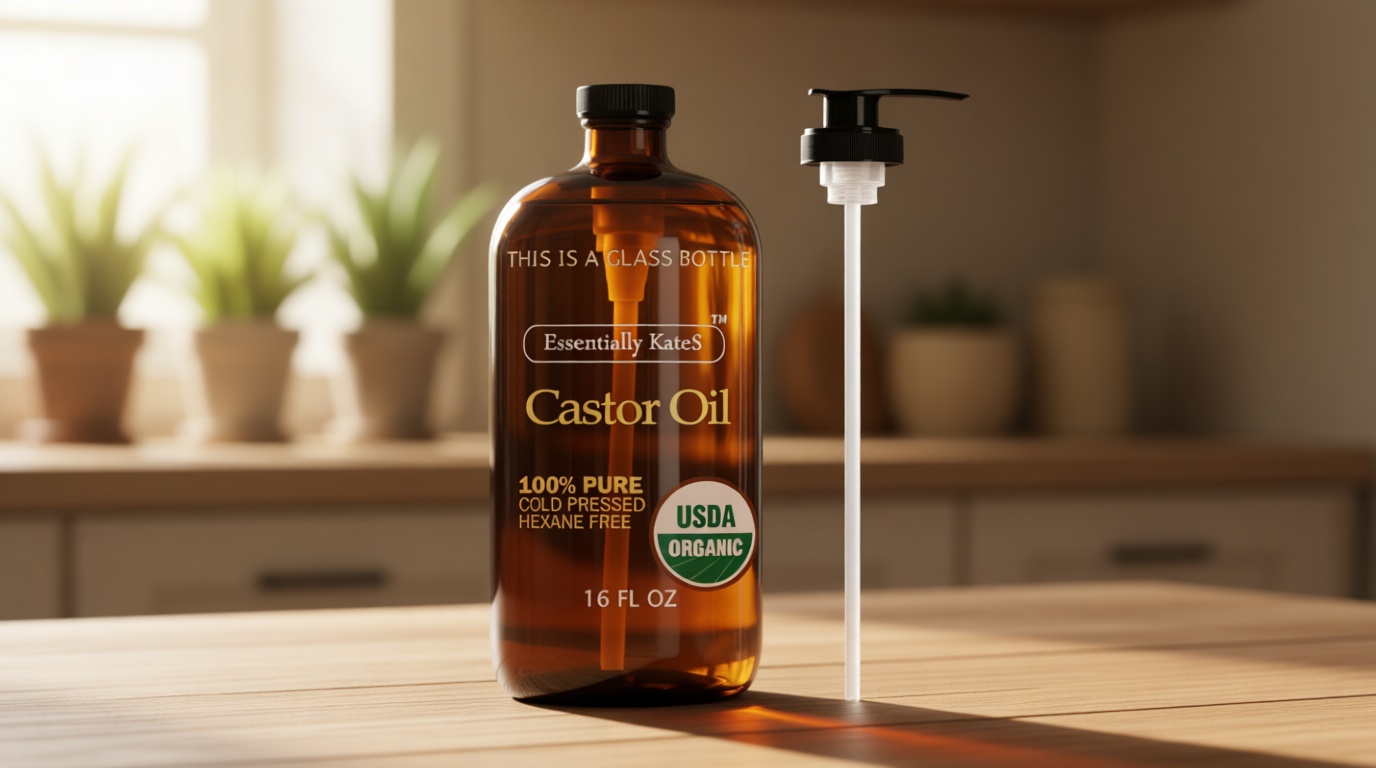 Essentially KateS Castor Oil 16 Fl Oz (Glass Bottle) - 100% Cold Pressed - USDA Organic Certified - Skin Care, Nail Care, Hair Care and Body Care USDA Organic