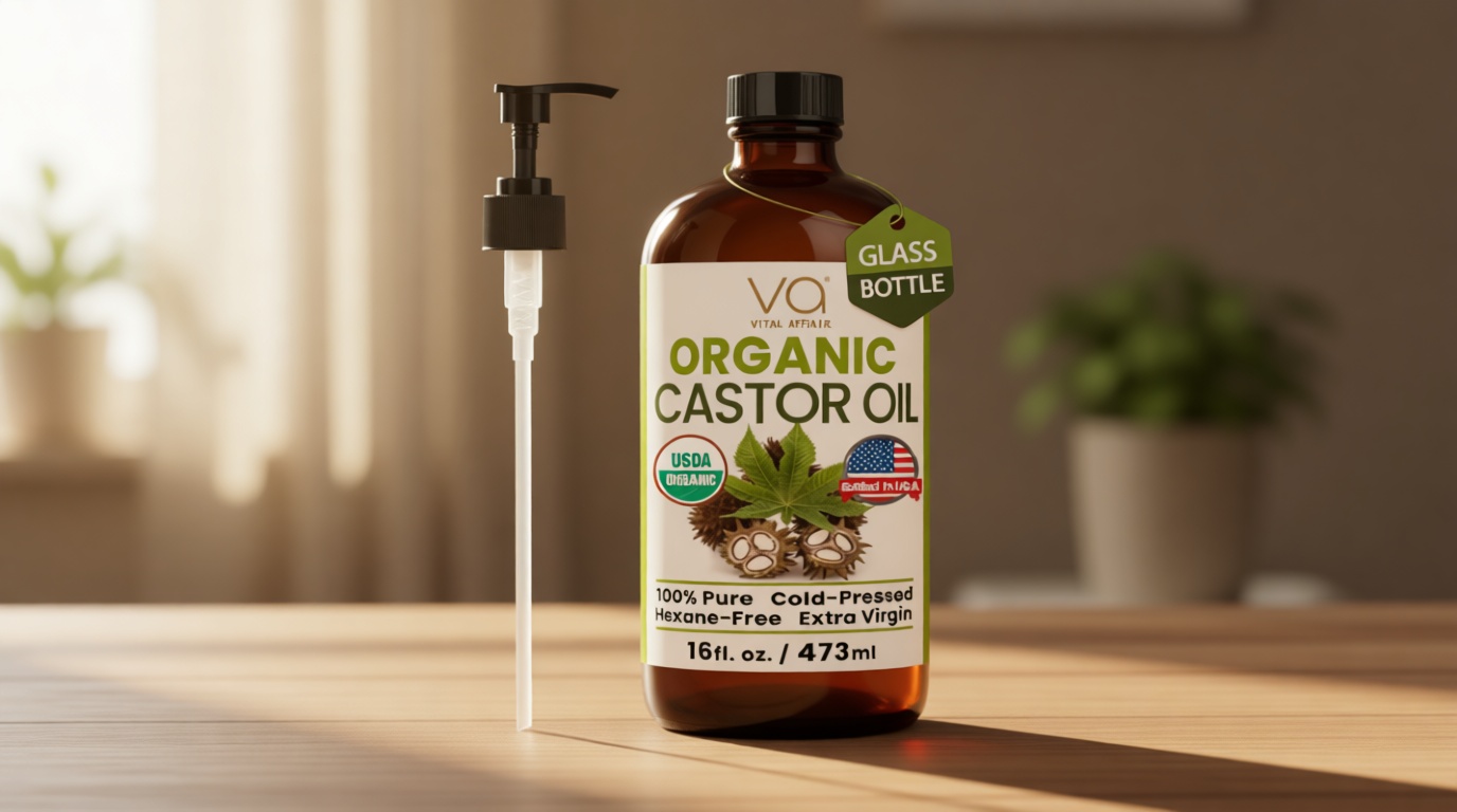 VITAL AFFAIR Pure Castor Oil Organic Cold Pressed Unrefined Glass Bottle-USDA Certified for Castor Oil Pack Wrap for Face,Hair Growth,Eyelashes,Eyebrows-16oz USDA Organic