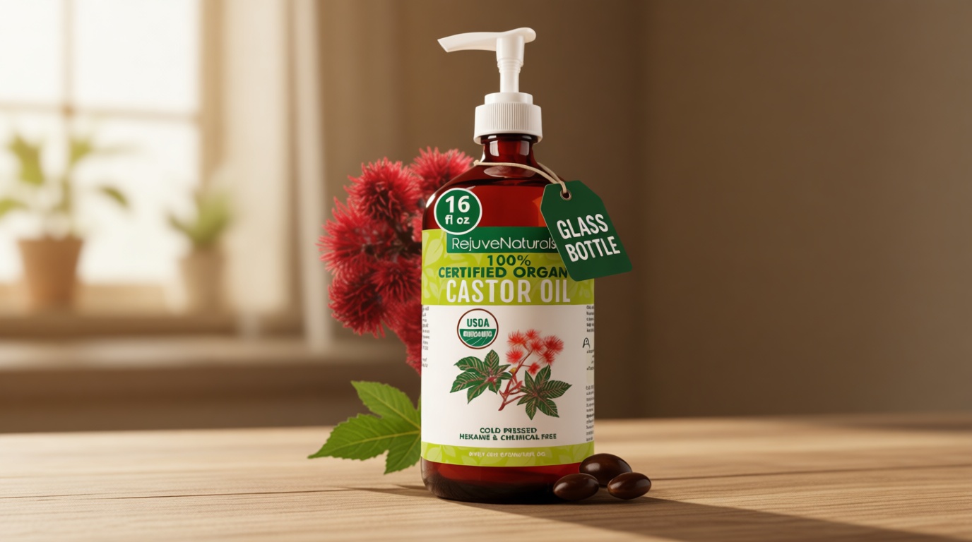 RejuveNaturals Castor Oil (16oz Glass Bottle) USDA Certified Organic, 100% Pure, Cold Pressed, Hexane Free. Boost Hair Growth for Thicker, Fuller Hair, Lashes & Eyebrows. USDA Organic