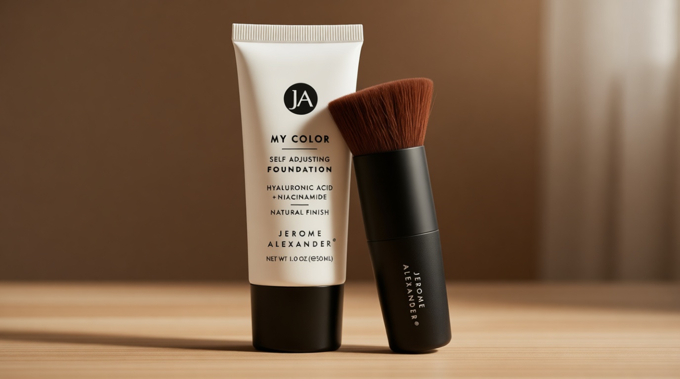 Jerome Alexander My Color Self-Adjusting Foundation, Hydrating & Lightweight Face Makeup, Skincare-Infused, with Kabuki Brush, Medium, 1 oz