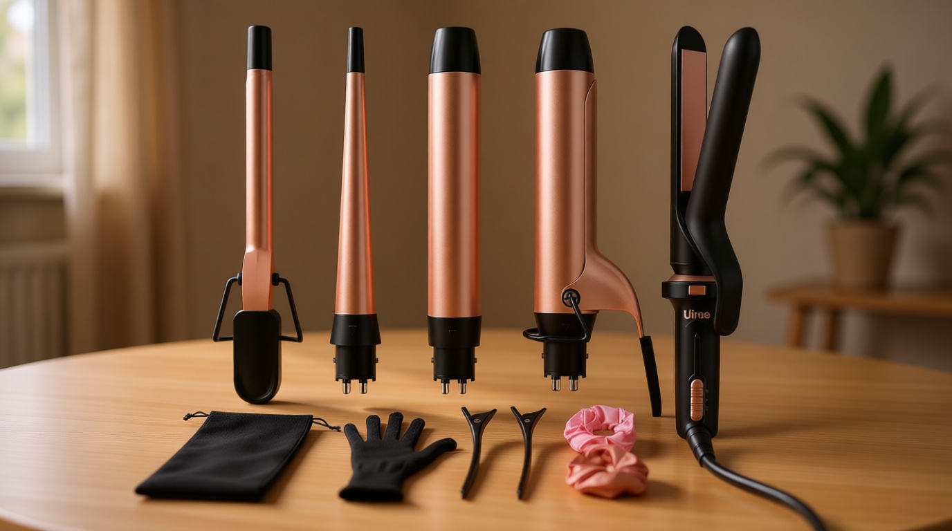 Ufree 5 in 1 Curling Iron with Interchangeable Ceramic Barrels (0.35"-1.25"), Curling Wand Set with Flat Iron Hair Straightener, Instant Heat Up, Dual Voltage Hair Curler, Gifts for Women