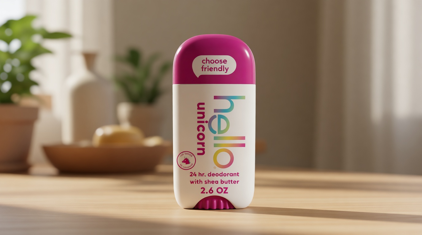 hello Unicorn Aluminum Free Deodorant for Women and Men with Shea Butter, 24-Hour Freshness, Baking Soda Free Deodorant, Dermatologically Tested, 2.6 oz Stick
