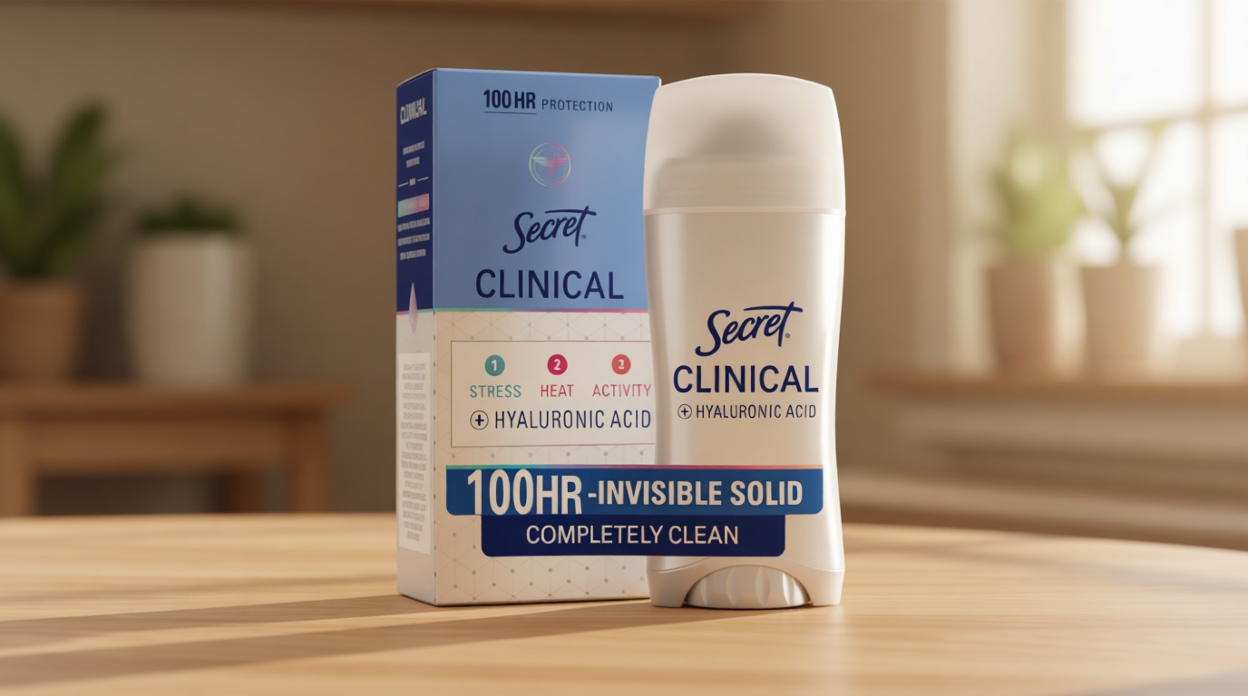 Secret Clinical Strength 100HR Sweat & Odor, Completely Clean Invisbile Solid Antiperspirant Deodorant for Women, 3X Stress Protection with Hyaluronic Acid, PH Balanced, Completely Clean Scent, 2.6 oz
