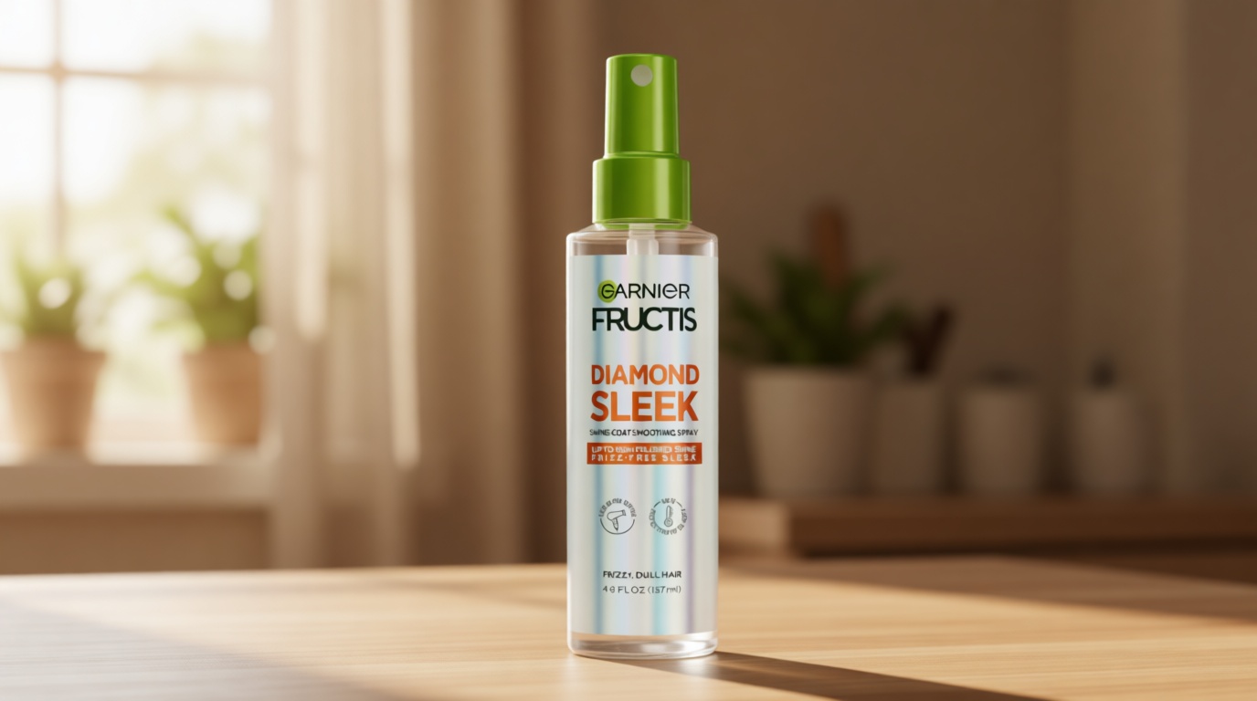 Garnier Fructis Diamond Sleek Hair Shine Spray, Frizz Control and Heat Protectant for Frizzy, Dry Hair, Formulated with Vegan Keratin Smoothing Complex and Argan Oil, 4.6 Fl Oz