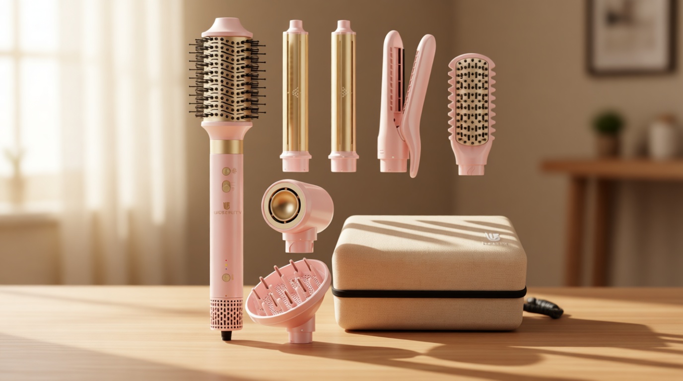 Hair Dryer Brush 8-in-1 Dual Voltage Hot Air Styler – Fast-Drying 110,000 RPM Ionic Blow Dryer with Straightener & Curler Attachments, Frizz-Free Volumizing Styler with Protective Hard Case-Pink