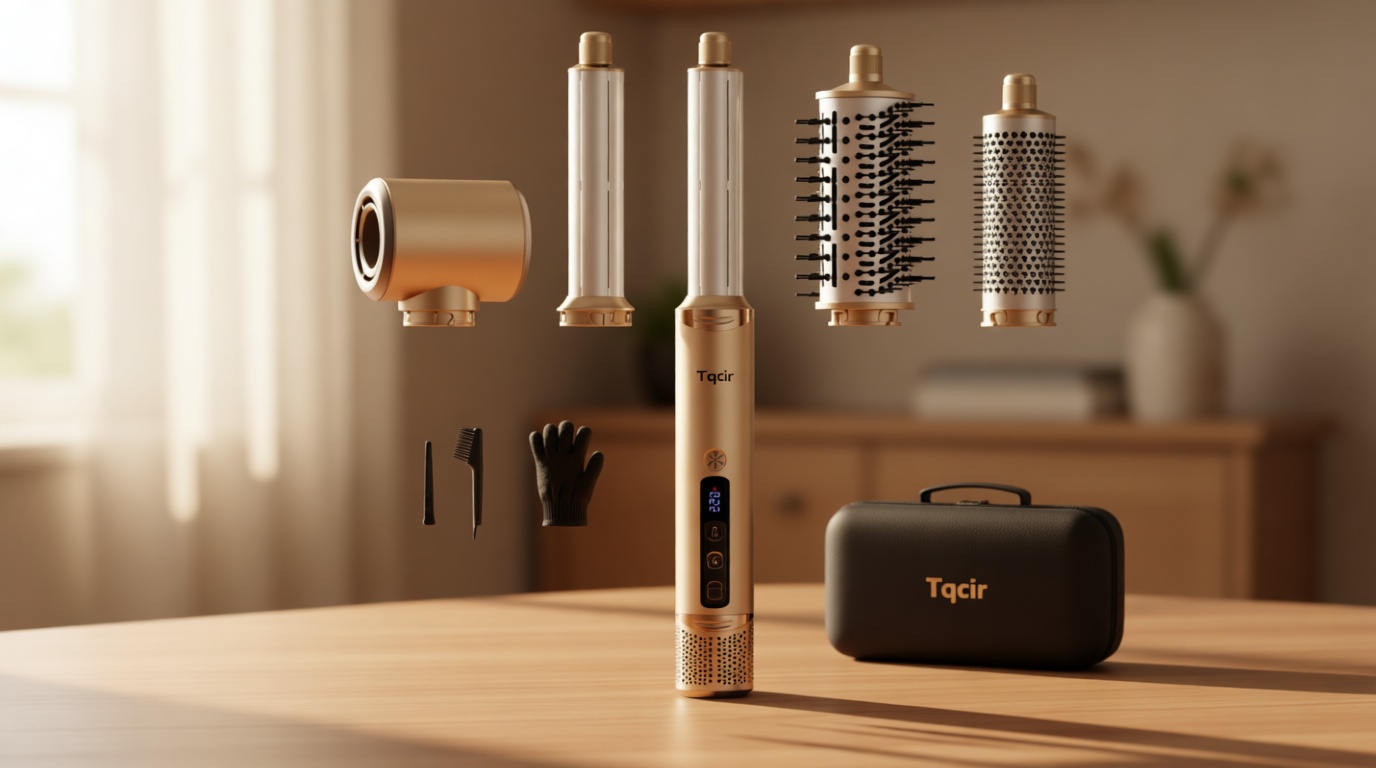 Tqcir 5-in-1 Professional Hot Air Styler, Powerful Multi-Styler with Auto-Wrap Curlers, Fast Drying Curling Straightening Volumizing Without Heat Damage, Storage Case for Girl/Women(Gold)