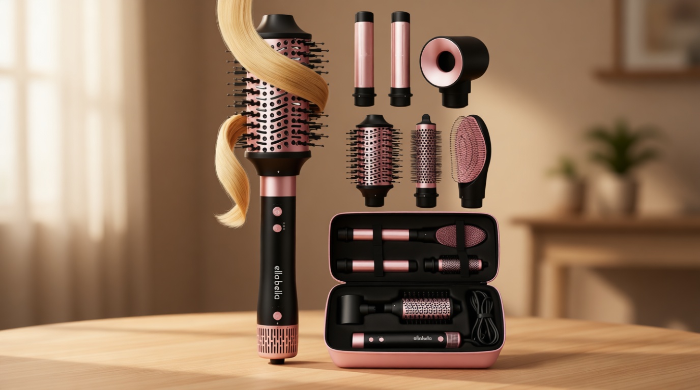 ELLA BELLA 6 in 1 Professional Hot Air Styler • Powerful Hair Dryer & Straightener Set • Styling Without Heat Damage • Fast Drying Curling Volumizing Straightening • Includes Protective Travel Case