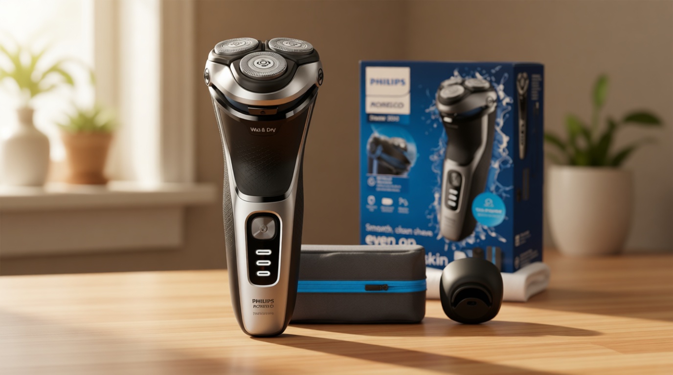 Philips Norelco Shaver 3900 Series, Wet and Dry Electric Shaver, P-Cap, Travel Pouch, Charging Stand, Storm Blue, Model S3341/92 GreenCircle Certified: Certified Environmental Facts Label