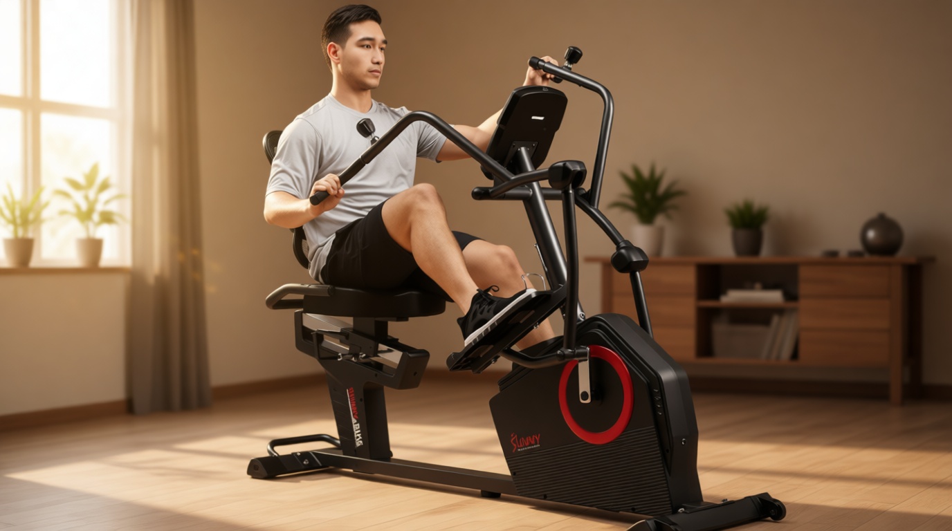 Sunny Health & Fitness Elite Recumbent Cross Trainer & Elliptical Machine with Arm Exercisers for Home Arm/Leg Training, Easy Adjust Seat & Mesh Backrest, Free SunnyFit App Bluetooth Connectivity