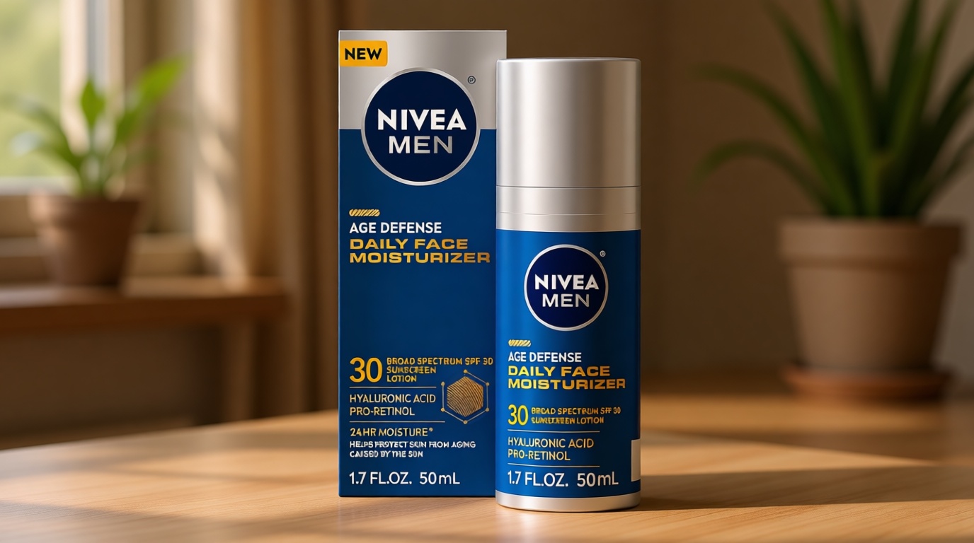 NIVEA MEN Age Defense Daily Face Moisturizer with Broad Spectrum SPF 30 Sunscreen, Pro-Retinol and Hyaluronic Acid, Beard-Friendly Face Lotion Helps Defend Against UVA/UVB Rays, 1.7 Fl Oz Bottle