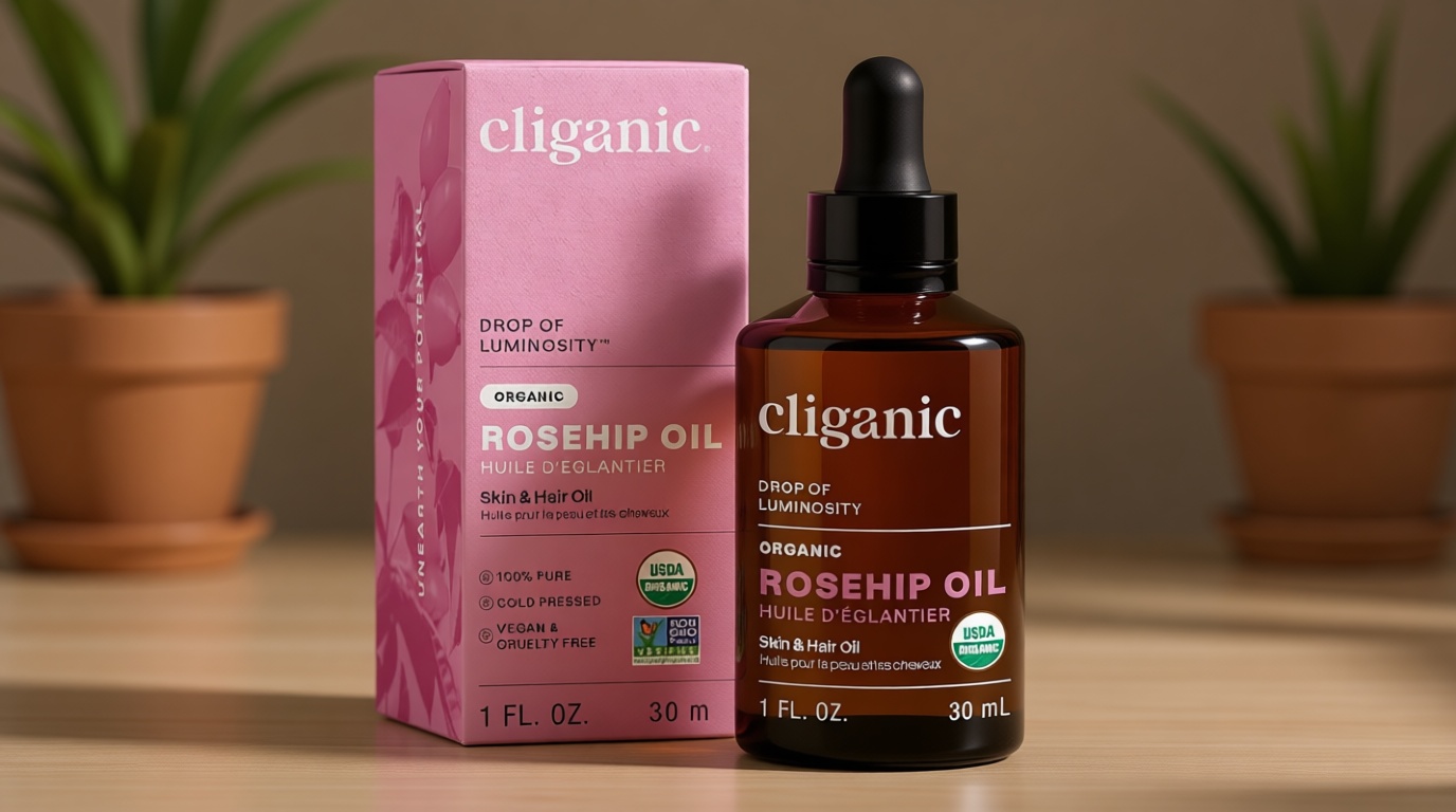 Cliganic Organic Rosehip Seed Oil for Face, 100% Pure | Natural Cold Pressed Unrefined Non-GMO | Carrier Oil for Skin, Hair & Nails USDA Organic EWG Verified