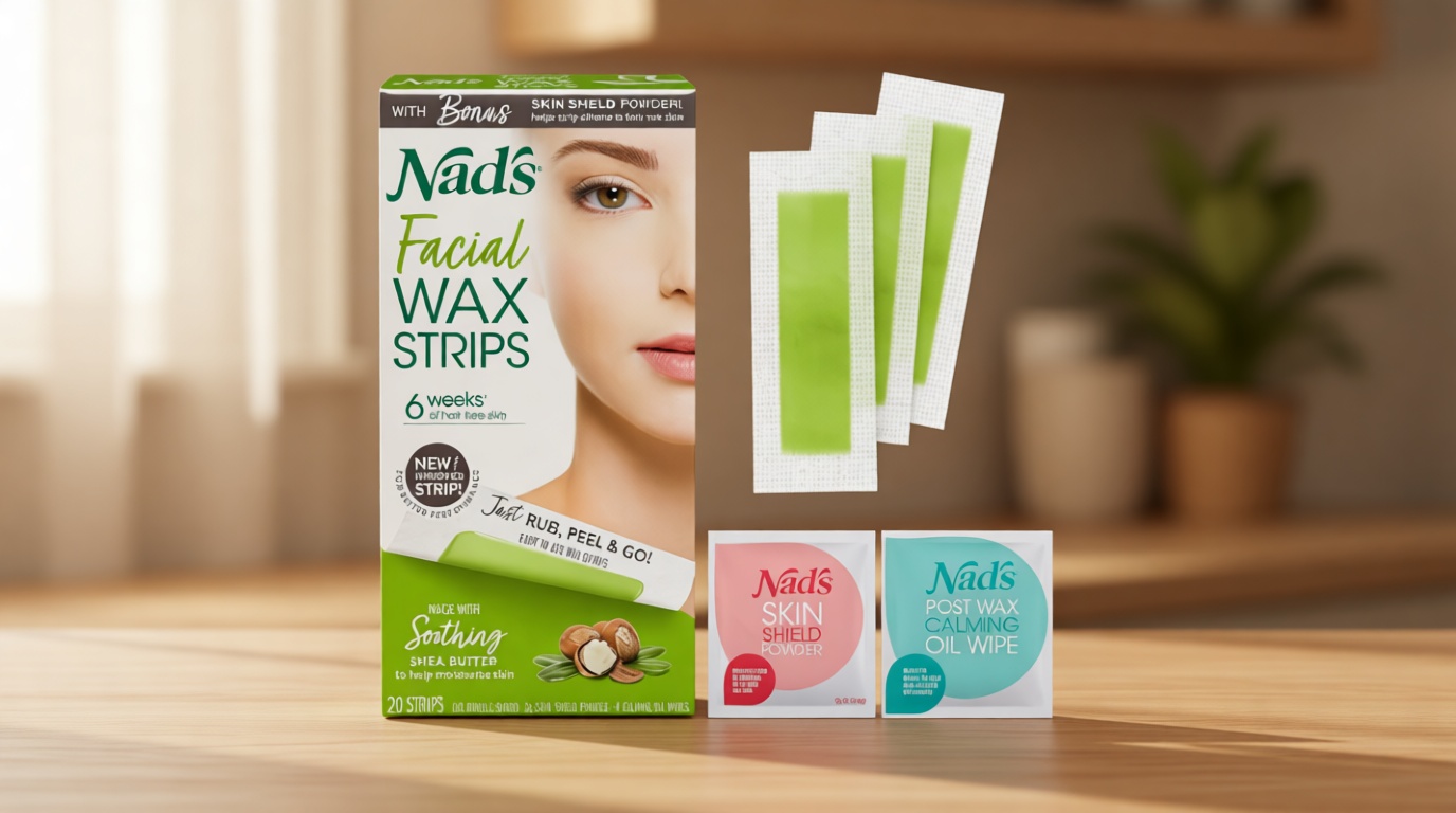 Nad's Facial Wax Strips - Hypoallergenic All Skin Types - Facial Hair Removal For Women - At Home Waxing Kit with 20 Face Wax Strips + 4 Calming Oil Wipes + Skin Protection Powder