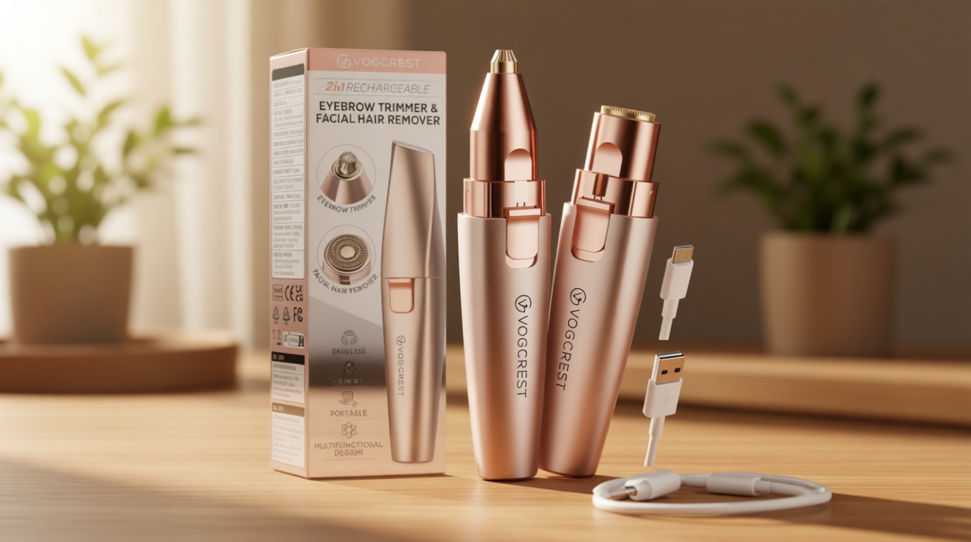 VG VOGCREST Eyebrow & Facial Trimmer: 2 in1 Rechargeable Facial Hair Removal & Eyebrow Shaver - Body Razor with Built-in LED Light (Rose Gold)