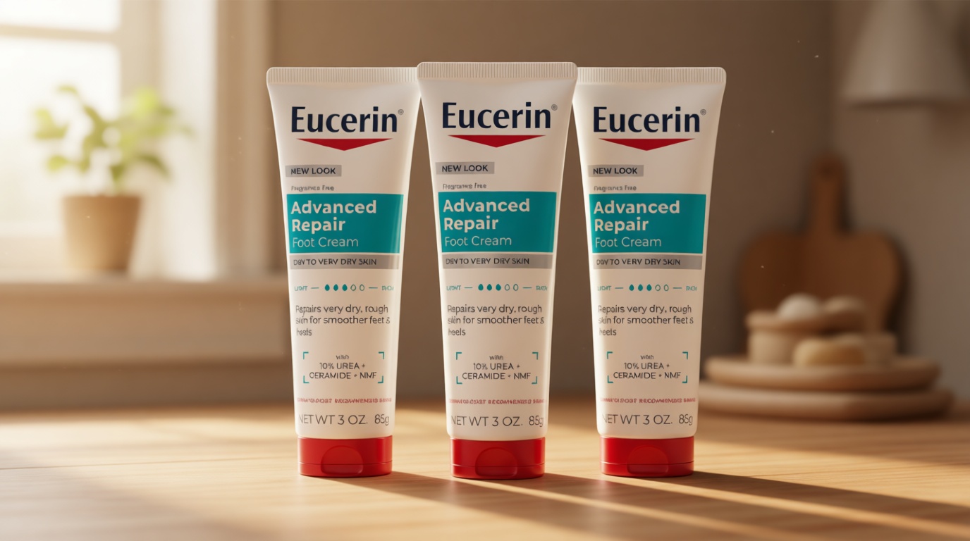 Eucerin Advanced Repair Foot Cream for Dry Feet and Heels, Repairs Very Dry, Rough Skin, Fragrance Free, Non Greasy, Fast Absorbing, Travel Size Lotion, 3 Oz Tube, Pack of 3
