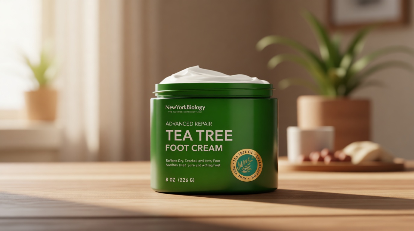 New York Biology Tea Tree Oil Foot Cream for Dry Cracked Feet, Athletes Foot, Nail Fungus, Jock Itch, Ringworm, Cracked Heels and Itchy Skin - Foot Cream - 8 oz