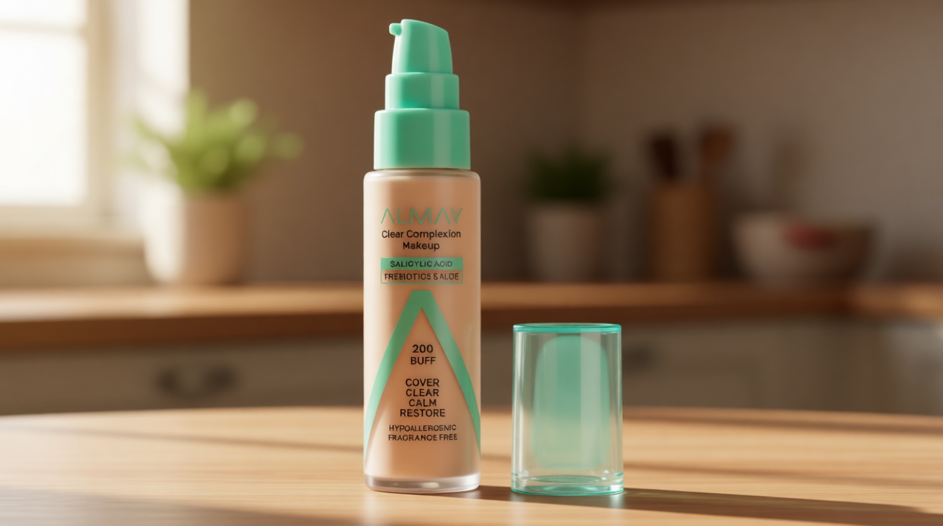 Almay Clear Complexion Acne Foundation Makeup with Salicylic Acid, Medium Coverage, Soft Matte Finish, Hypoallergenic, Cruelty- & Fragrance-Free, Dermatologist Tested, 200 Buff, 1 fl oz