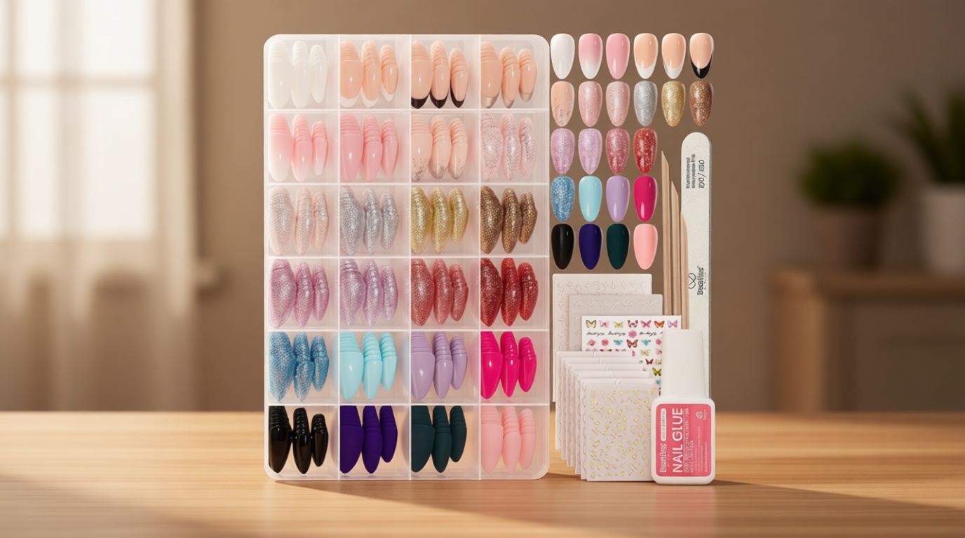 Beetles Press on Nails Kit 720Pcs 24 Colors, Short Almond Press on Nails Glossy Matte Glitter With Nail Glue & Nail Tabs Stickers, Natural Fit Lightweight Fake Nails Kit Art For Women Girls
