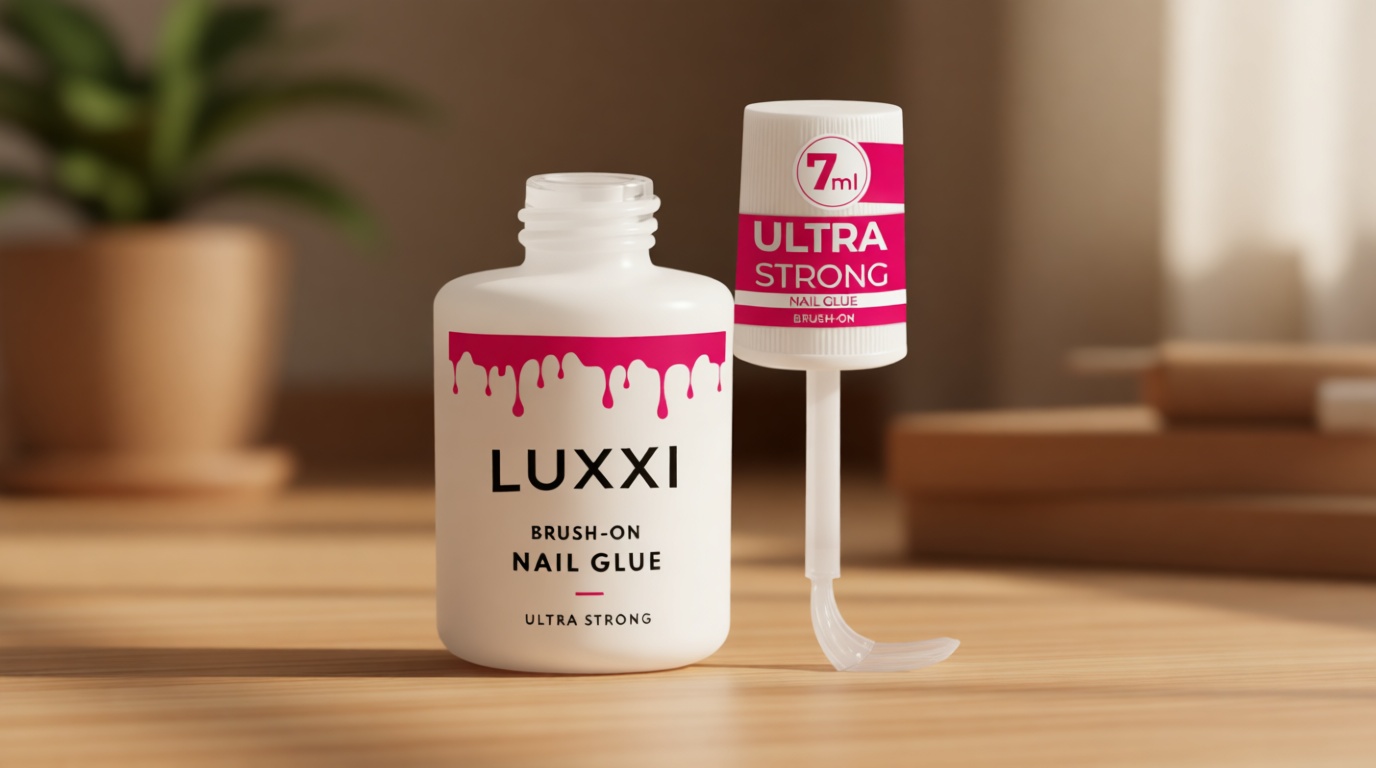 LUXXI Brush On Nail Glue for Press On Nails - Precision Applicator, Quick Air Dry Adhesive for Nail Tips, Artificial & Acrylic, Long Wear Hold, No Uv Lamp Needed | Pink Gel - 0.24oz