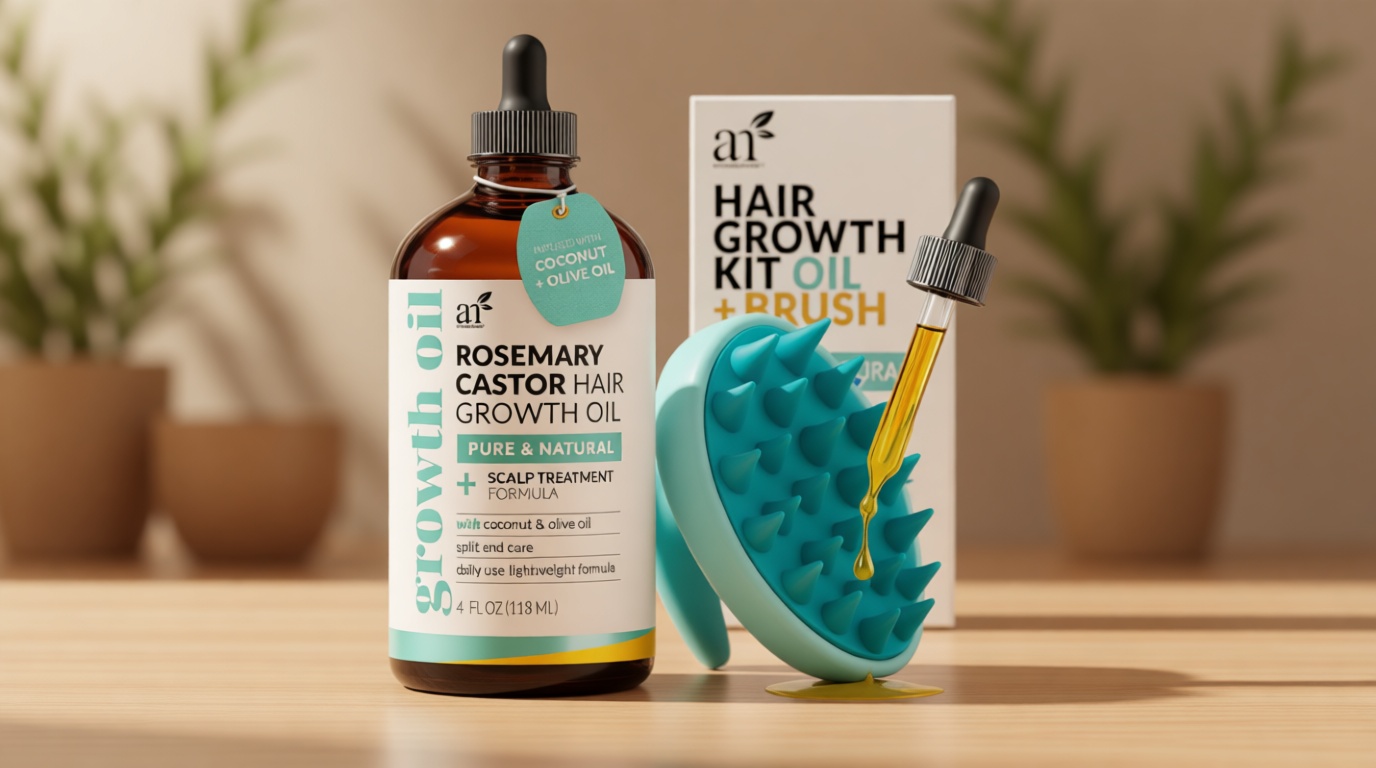 Artnaturals Organic Rosemary Castor Hair Oil + Massager Hair Growth Set Hair Growth Oil 4 ounces with Coconut & Olive Oil for Dry, Damaged & Split End