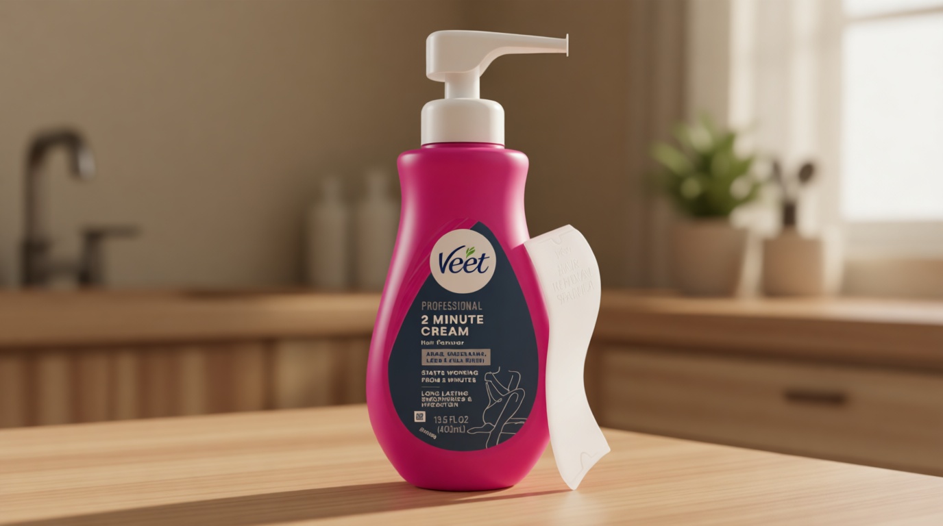 Veet Professional 2 Minute Cream for All Skin Types with Shea Butter, Full Bikini & Pubic Hair Removal, Dermatologically Tested, 13.5 FL OZ Bottle w/Spatula