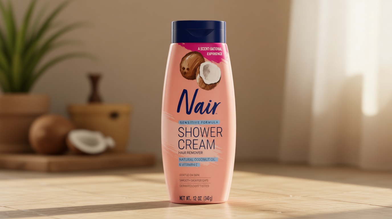 Nair Sensitive Formula Shower Cream, Quick and Easy Hair Removal Cream with Coconut Oil and Vitamin E for Body, 12 oz