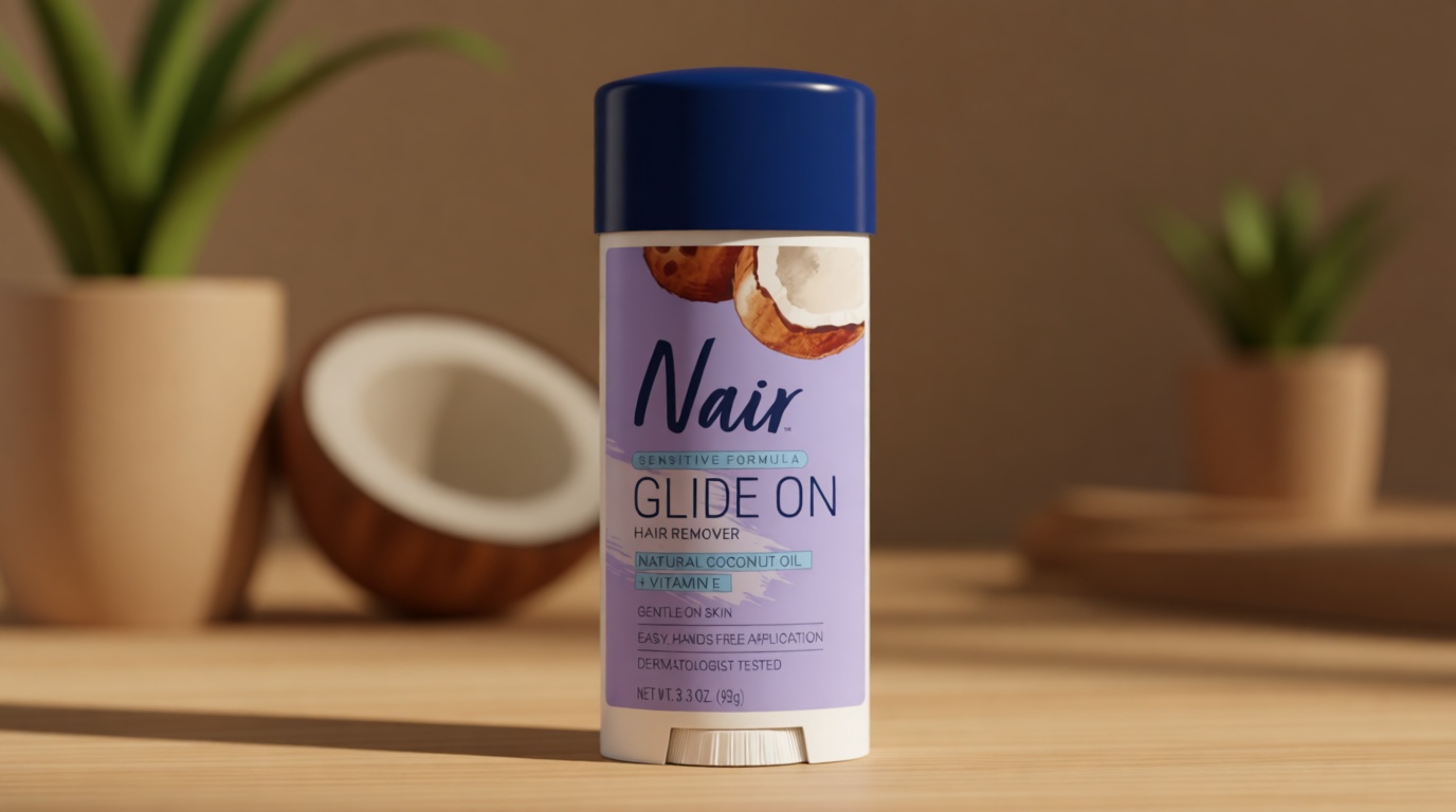 Nair Sensitive Formula Glide On, Hands-Free Applicator Hair Removal Cream with Coconut Oil and Vitamin E for Body, 3.3 oz