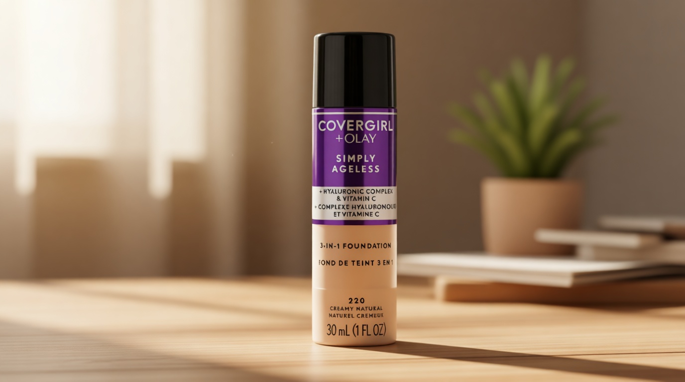 COVERGIRL & Olay Simply Ageless 3-in-1 Liquid Foundation, Matte Finish, Hyaluronic & Vitamin C Formula, 220 Creamy Natural, 1 Count