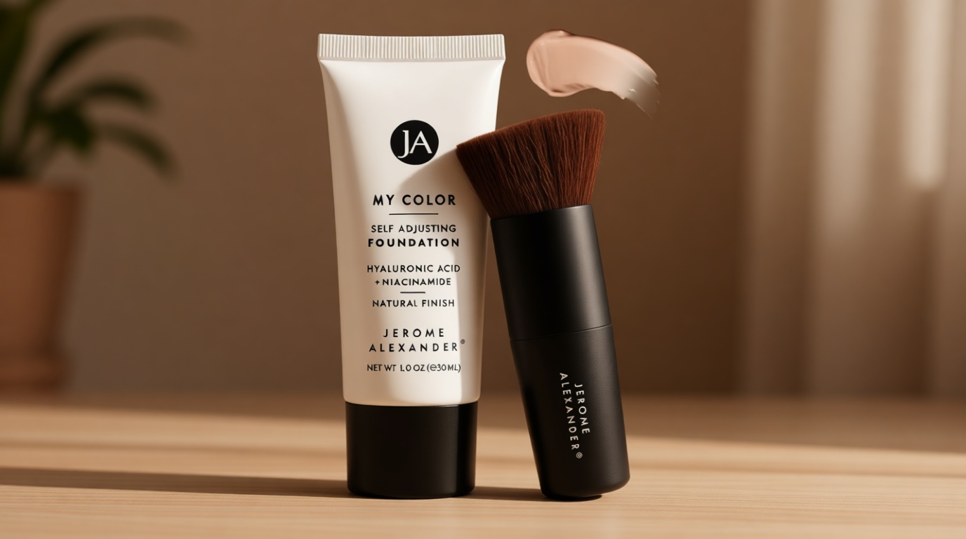 Jerome Alexander My Color Self-Adjusting Foundation, Hydrating & Lightweight Face Makeup, Skincare-Infused, with Kabuki Brush, Medium, 1 oz