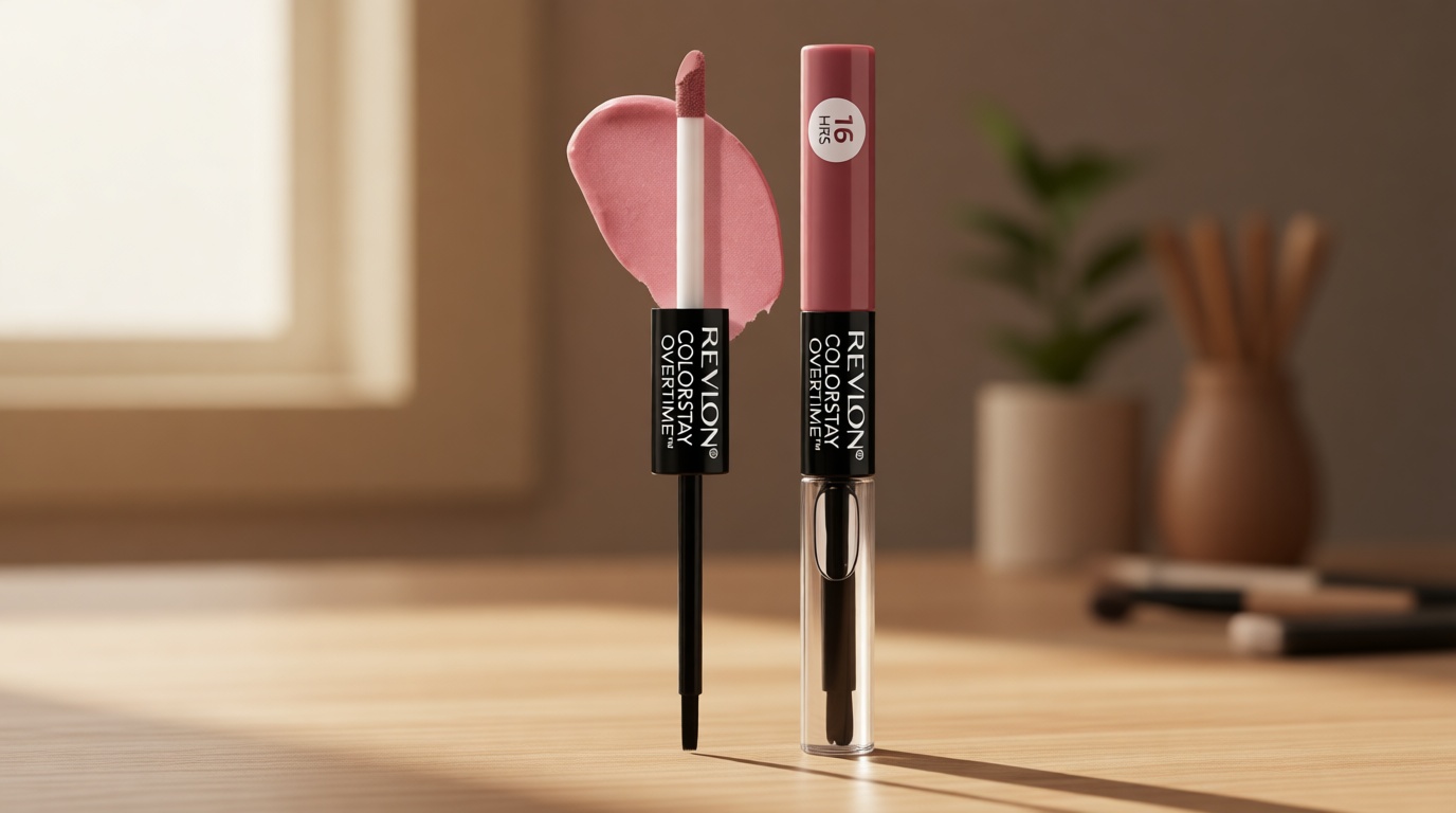 Revlon Liquid Lipstick with Clear Lip Gloss, ColorStay Overtime Lipcolor, Dual Ended with Vitamin E, 350 Bare Maximum, 0.07 Fl Oz