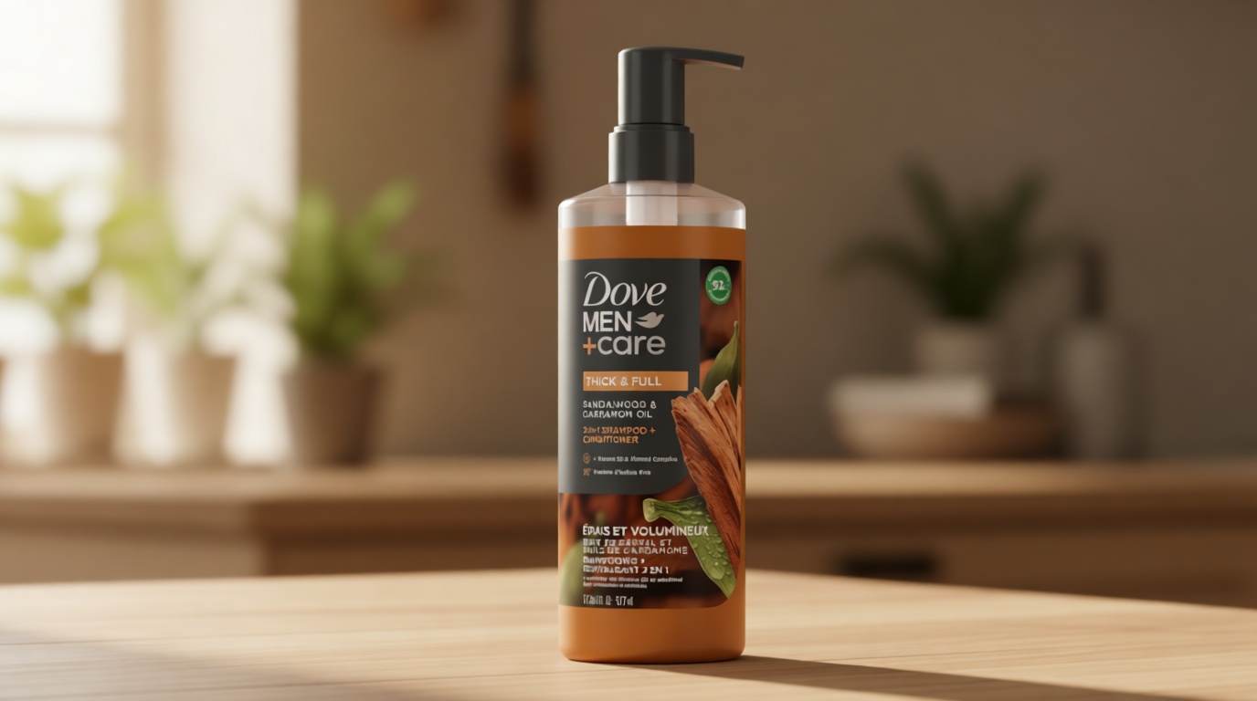 DOVE MEN + CARE 2-in-1 Shampoo + Conditioner Sandalwood & Cardamom Oil for Thick & Full Hair, + Vitamin B3 & Mineral Complex, 17.5 oz