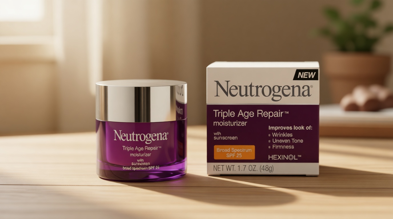 Neutrogena Triple Age Repair Face Moisturizer - with Hexinol Technology & Vitamin C, Anti-Wrinkle Face Cream with SPF 25, Visibly Reduces Wrinkles & Firms Skin, 1.7 oz