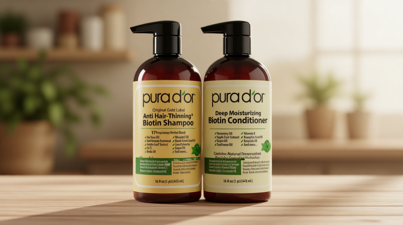 PURA D'OR Anti-Thinning Biotin Shampoo and Conditioner Natural Earthy Scent, CLINICALLY TESTED Effective Results, Herbal Blend Thickening Products For Women & Men, Original Gold Label Set, 16oz x2 | Deep Moisturizing, Conditioner, CLINICALLY TESTED, Effective Results, Hair Thickening, Product