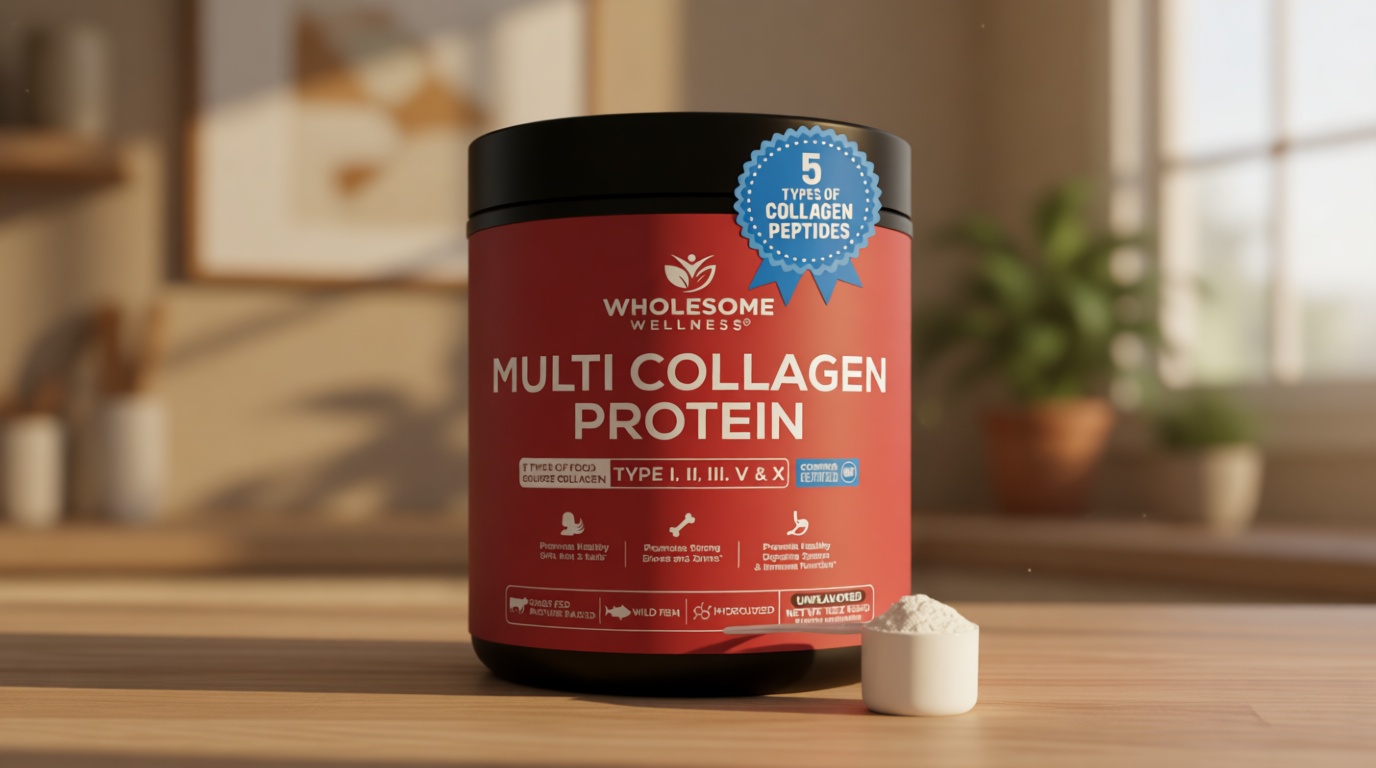 Wholesome Wellness Premium Multi Collagen Peptides Protein Powder for Women and Men, 5 Types of Hydrolyzed Collagen, Grass-Fed, Non-GMO & Unflavored, Pure Protein for Youthful Skin & Joint Recovery