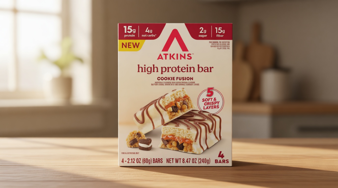 Atkins High Protein Bars, Cookie Fusion Flavor, 15g of Protein, 4g Net Carbs, Keto Protein Bars, Low Sugar, 4 Count