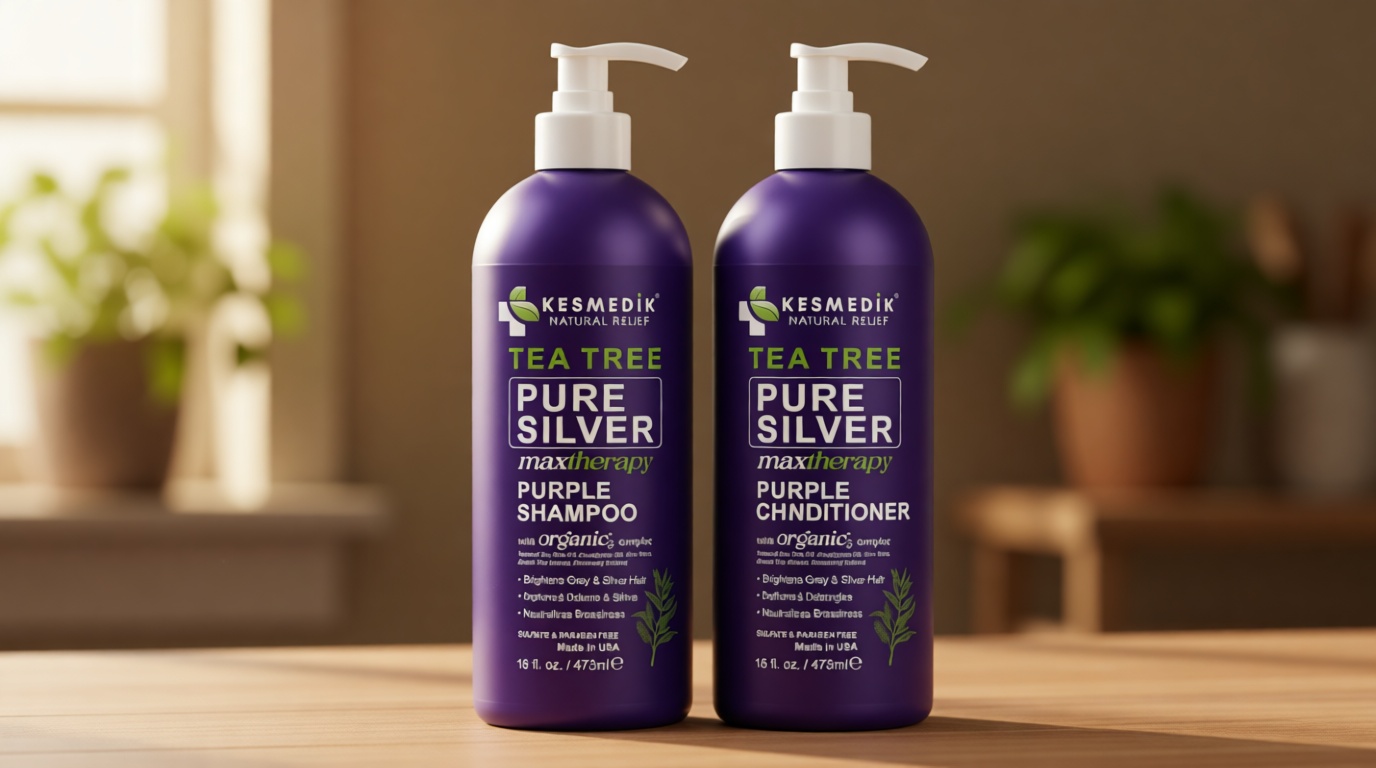 KESMEDIK Tea Tree Purple Shampoo & Conditioner Set with Rosemary & Aloe, Professional Anti Brass Toner, Removes Yellow Tones for Gray, Bleached, White & Blonde Hair, Refreshes Scalp, Sulfate-Free