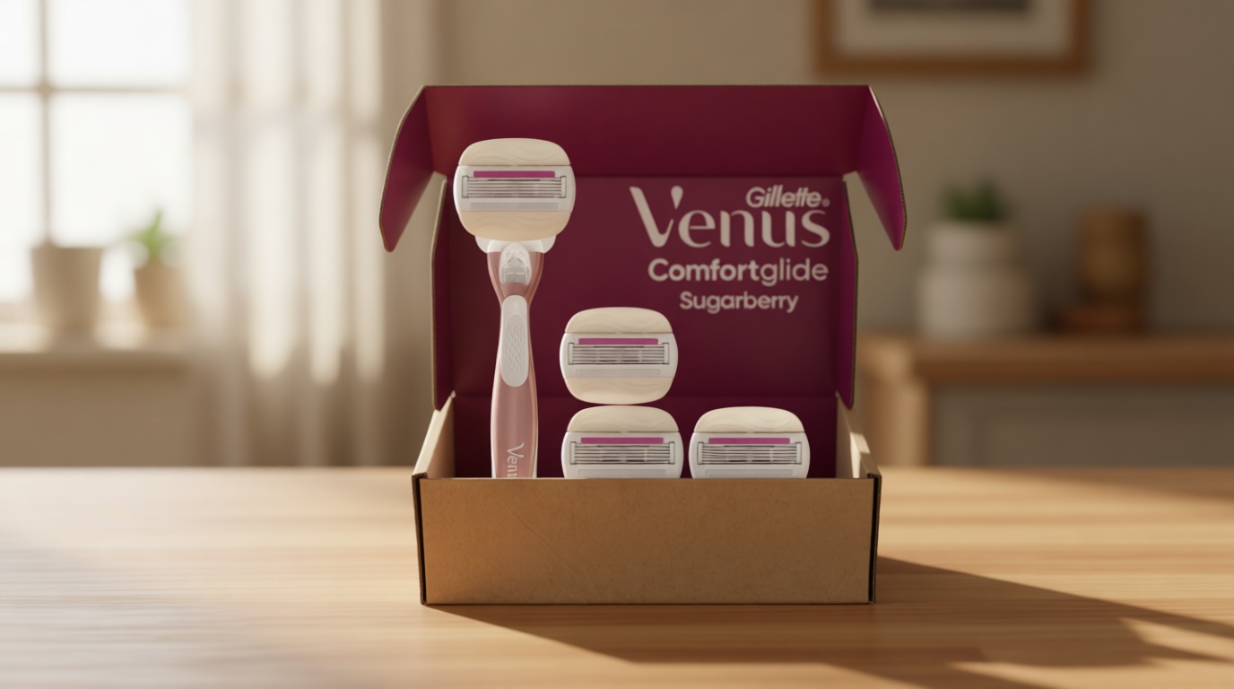 Gillette Venus ComfortGlide plus Olay Sugarberry Women’s Razor, Rose Gold Metal Handle + 4 Blade Refills, 5-Blade Razor Cartridges, Moisture Bars