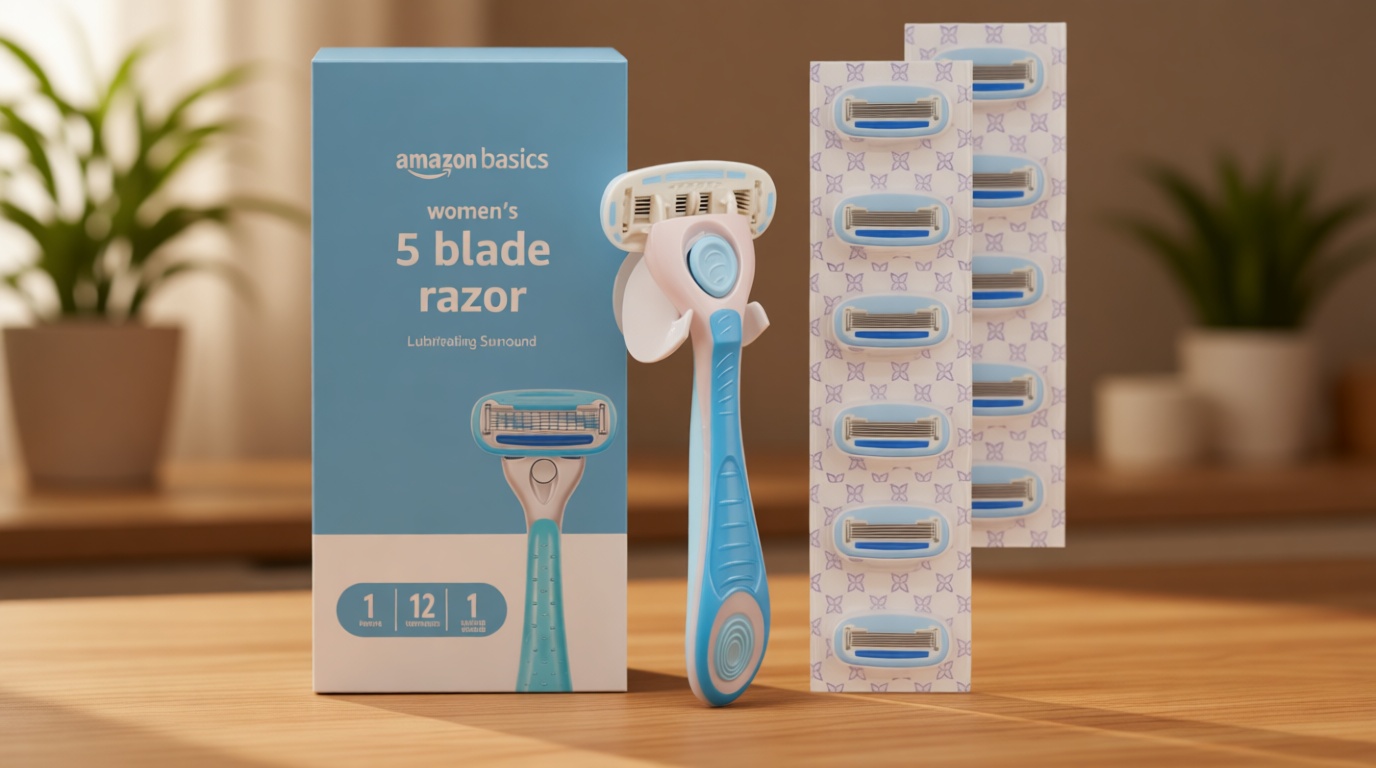 Amazon Basics 5-Blade Razor Handle for Women, Includes 12 Cartridges and Shower Hanger, 14 Piece Set, Blue