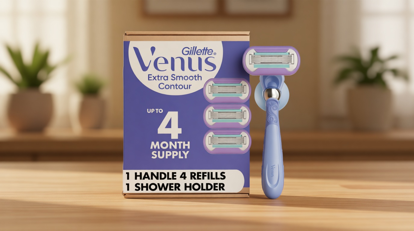 Gillette Venus Extra Smooth Contour Razor for Women, Includes 1 Reusable Razor Handle + 4 Count 5-Bladed Razor Refills, Women's Razor with Flexiball Pivoting Handle and Shower Holder