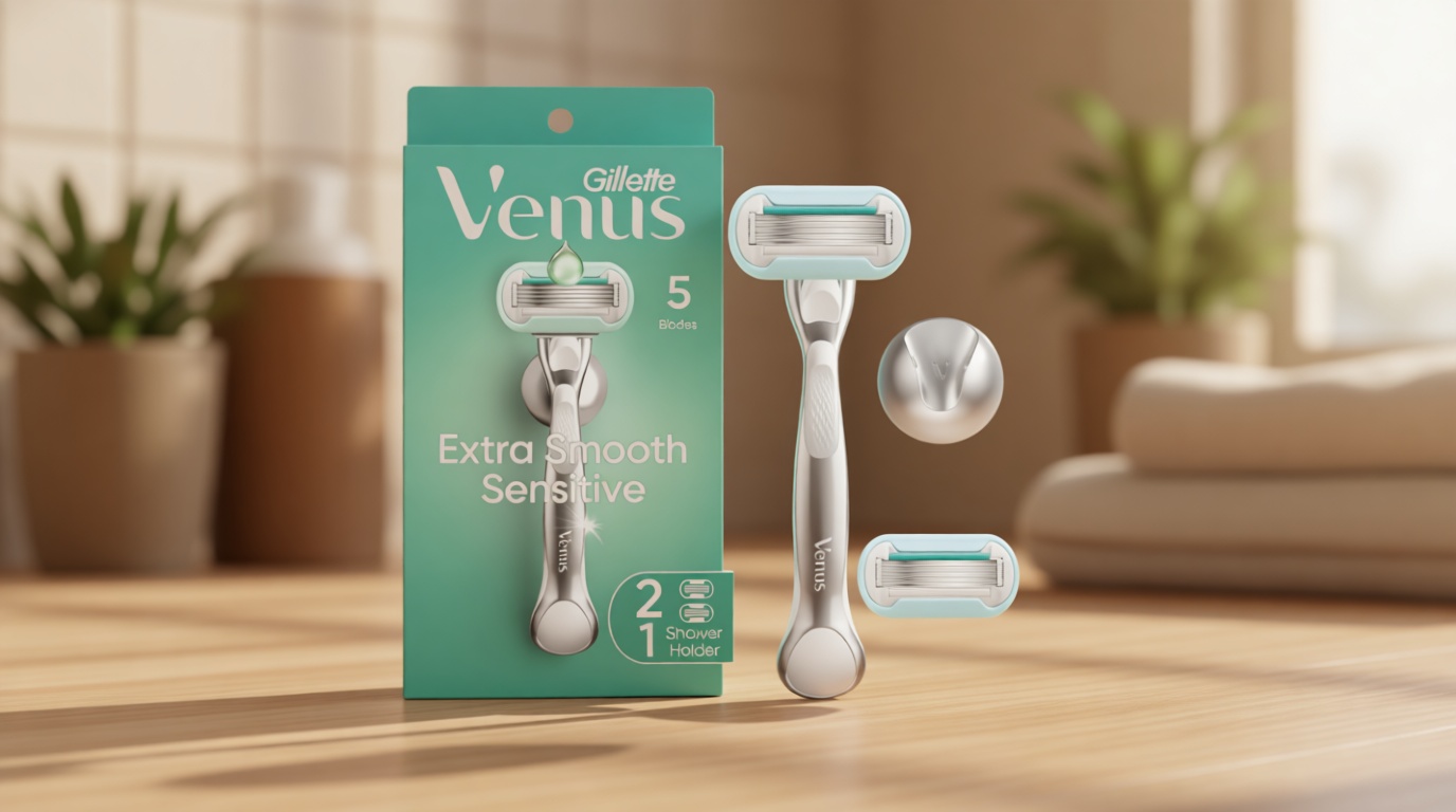 Gillette Venus Extra Smooth Sensitive Razor for Women, Includes 1 Reusable Razor Handle + 2 Refills, for Sensitive Skin with Metal Handle and Shower Holder