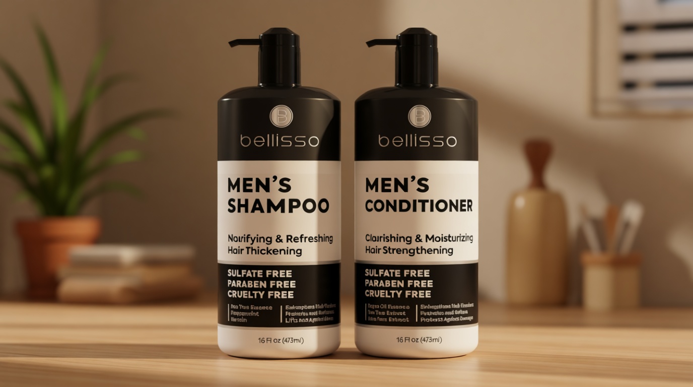 Mens Shampoo and Conditioner Set - Sulfate Free and Clarifying - For Men with Oily to Normal Hair - Moisturizing and Thickening - Biotin, Keratin, Tea Tree Oil, Caffeine and Peppermint for Dandruff