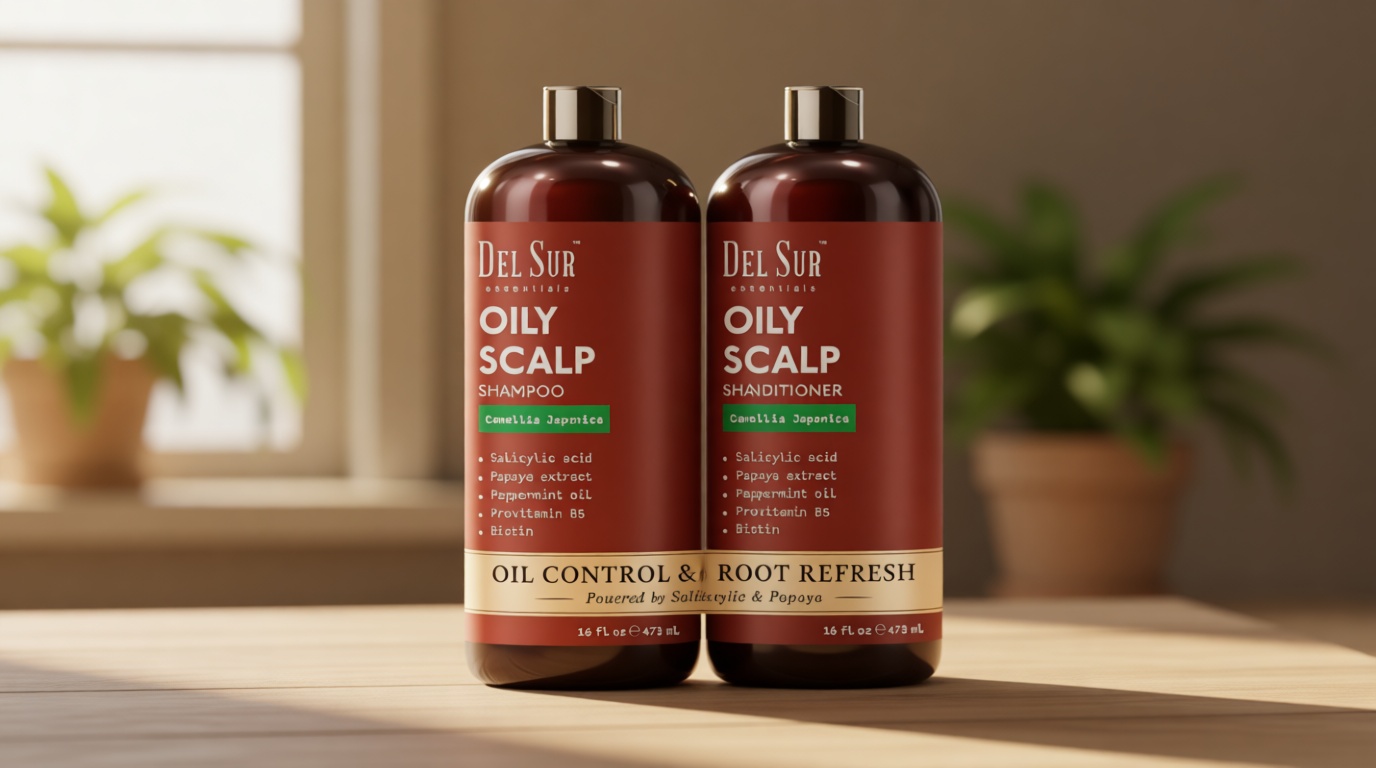 DEL SUR Clarifying Shampoo and Conditioner Set for Oily Hair | 16 fl oz | with Camellia Japonica, Salicylic Acid, Papaya & Biotin | Scalp Oil Control for Oily Roots & Greasy Hair