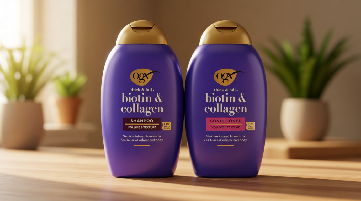 OGX Thick & Full + Biotin and Collagen for Hair Volume & Body, Sulfate Free Volumizing Shampoo & Conditioner Set for Fine & Thinning Hair, Nutrient-Infused, Vitamin B7, 13 fl oz, 2 Pack