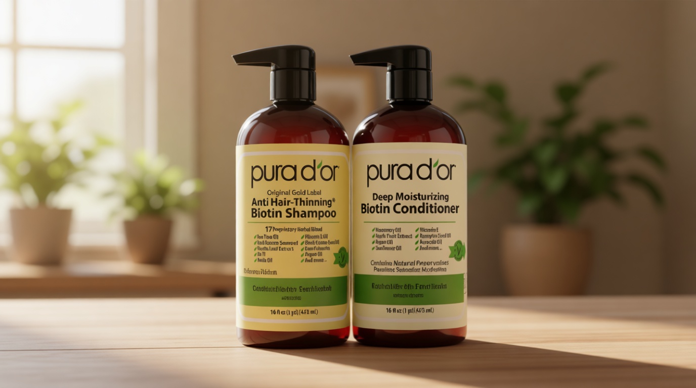 PURA D'OR Anti-Thinning Biotin Shampoo and Conditioner Natural Earthy Scent, CLINICALLY TESTED Effective Results, Herbal Blend Thickening Products For Women & Men, Original Gold Label Set, 16oz x2 | Deep Moisturizing, Conditioner, CLINICALLY TESTED, Effective Results, Hair Thickening, Product